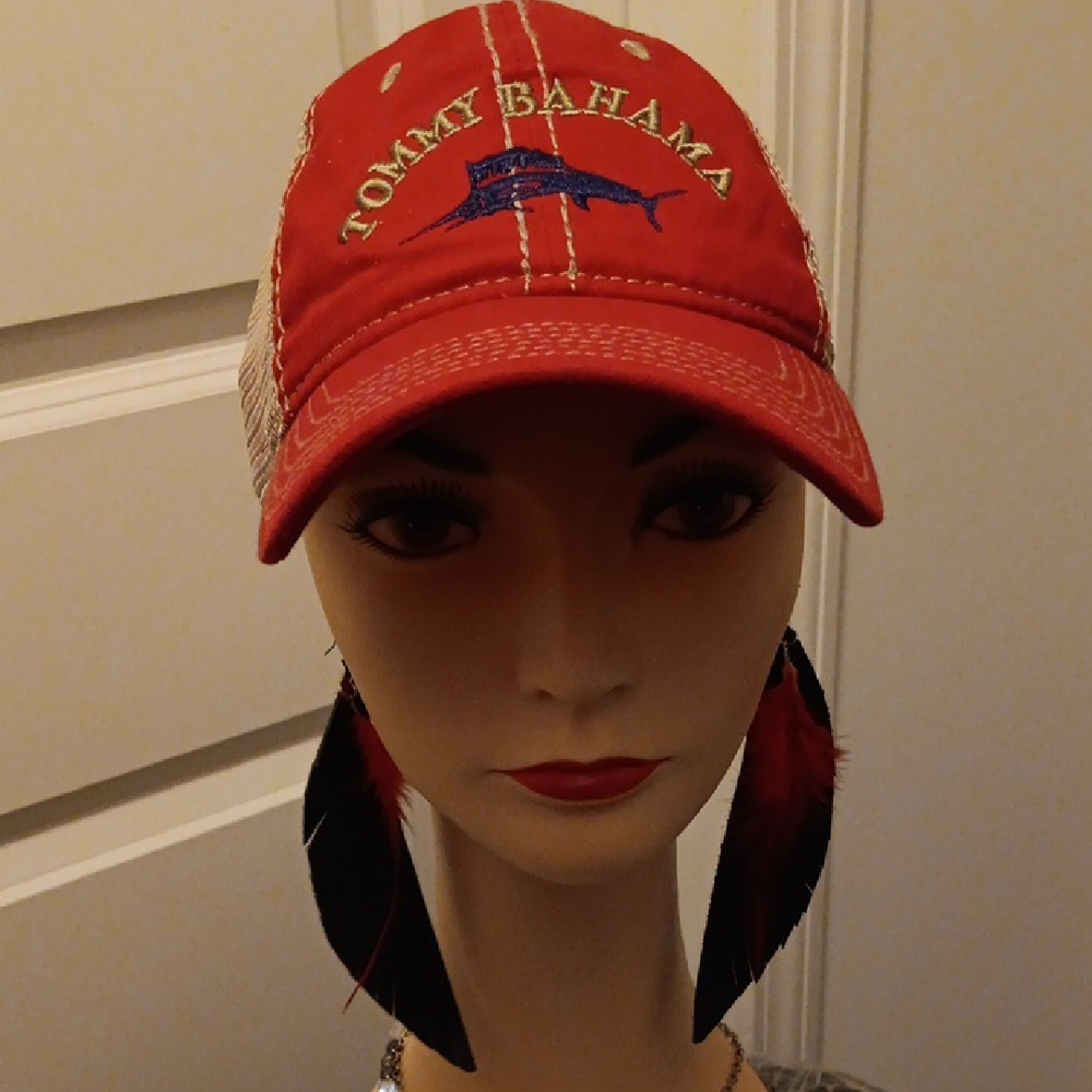 Tommy Bahama Red Cap with Black Feather Earrings
